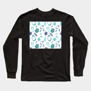 Blue teal owls and feathers Pattern Long Sleeve T-Shirt